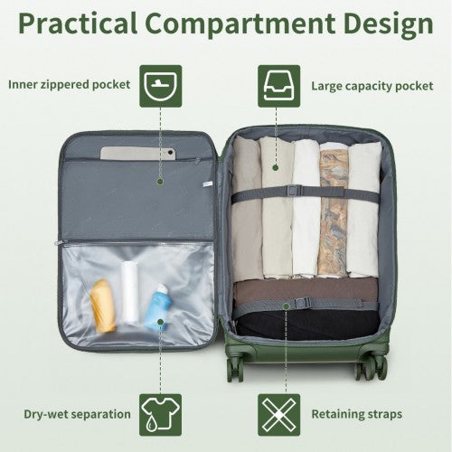 KSK2491 - Kono 3-Piece 20/24/28 Inch Lightweight Durable Soft Shell Suitcase Set with TSA Lock and Separate Wet/Dry Compartment - Green