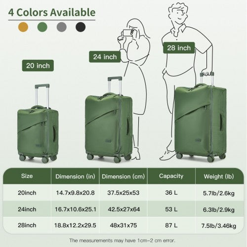 KSK2491 - Kono 3-Piece 20/24/28 Inch Lightweight Durable Soft Shell Suitcase Set with TSA Lock and Separate Wet/Dry Compartment - Green