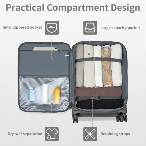 KSK2491 - Kono 3-Piece 20/24/28 Inch Lightweight Durable Soft Shell Suitcase Set with TSA Lock and Separate Wet/Dry Compartment - Grey