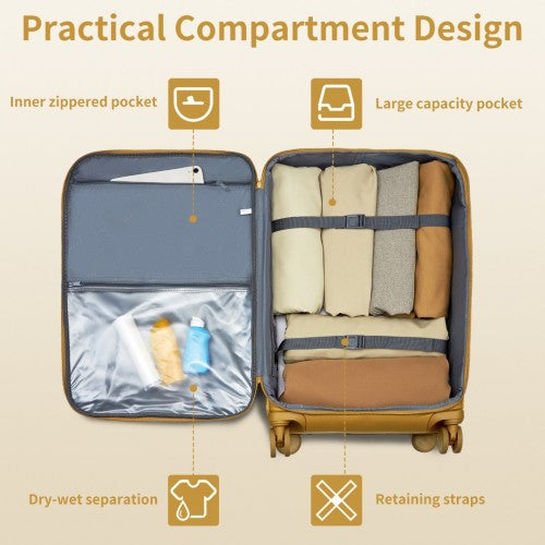KSK2491 - Kono 3-Piece 20/24/28 Inch Lightweight Durable Soft Shell Suitcase Set with TSA Lock and Separate Wet/Dry Compartment - Yellow