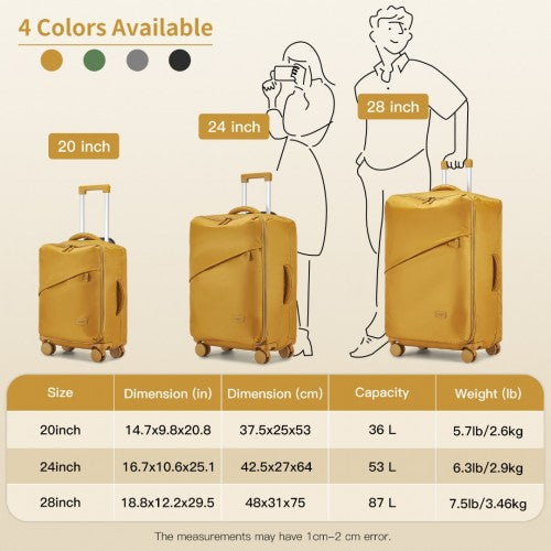 KSK2491 - Kono 3-Piece 20/24/28 Inch Lightweight Durable Soft Shell Suitcase Set with TSA Lock and Separate Wet/Dry Compartment - Yellow