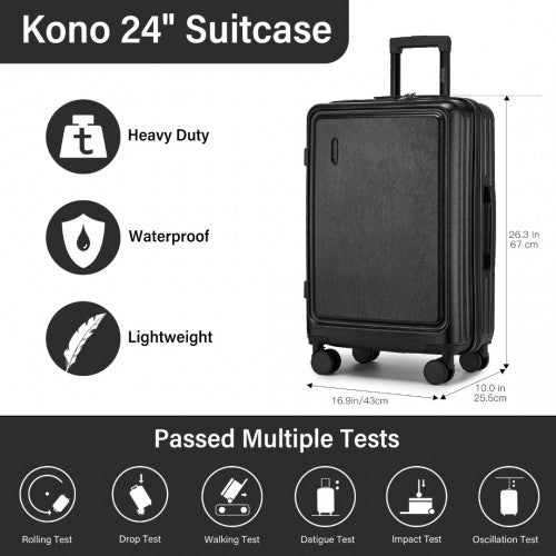 KSK2493 - Kono Durable 24 Inch ABS+PC Hardshell Suitcase with TSA Lock Lightweight Travel Luggage with 360° Spinner Wheels - Black