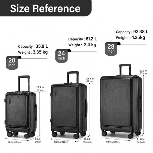 KSK2493 - Kono Durable ABS+PC Hardshell Luggage Set with TSA Lock 360° Spinner Wheels 4-Piece Set 20/24/28 And Vanity Case - Black