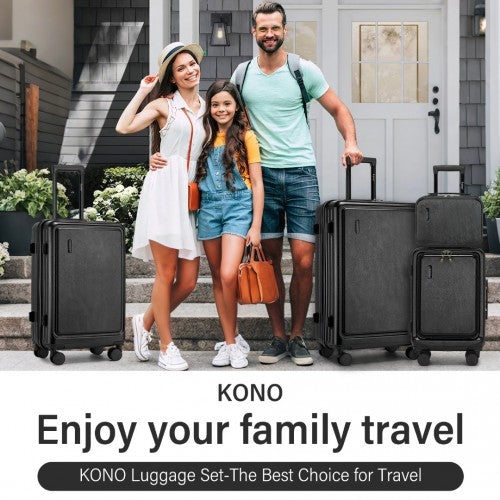 KSK2493 - Kono Durable ABS+PC Hardshell Luggage Set with TSA Lock 360° Spinner Wheels 4-Piece Set 20/24/28 And Vanity Case - Black