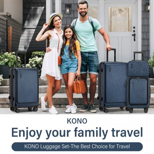 KSK2493 - Kono Durable ABS+PC Hardshell Luggage Set with TSA Lock 360° Spinner Wheels 4-Piece Set 20/24/28 And Vanity Case - Navy