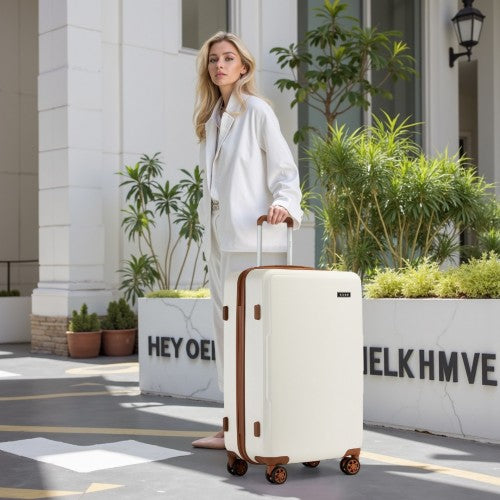 KSK2494 - Kono 3-Piece Minimalist Hard Shell ABS+PC Luggage Set with TSA Lock and 360° Spinner Wheels - Cream And Brown