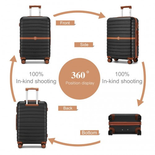 KSK2592 - Kono ABS+PC 20-Inch Striped Design with Colour-Block Details Carry-On Cabin Suitcase with Silent Spinner Wheels - Black and Brown