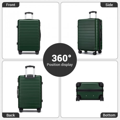 Four view diagram of dark green hard shell suitcase showing slim profile and 360 degree spinner wheels