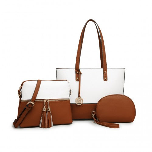 LG2023 - Miss Lulu Elegant 3-Piece Leather Look Tote Bag Set - Versatile & Chic for Every Occasion - Beige And Brown