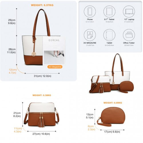 LG2023 - Miss Lulu Elegant 3-Piece Leather Look Tote Bag Set - Versatile & Chic for Every Occasion - Beige And Brown