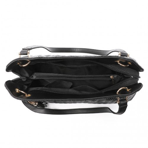 Easy Luggage LG2339 - Miss Lulu Chic Embossed Tote With Tassel Detail And Card Pouch - Black