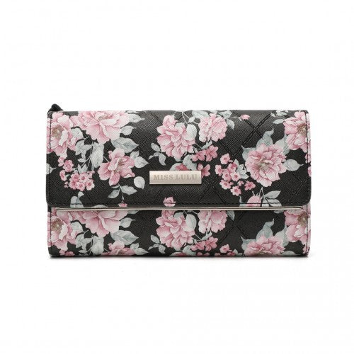 Easy Luggage LP2353F - Miss Lulu Ladies' Flower Printed PU Leather Long Purse - Black