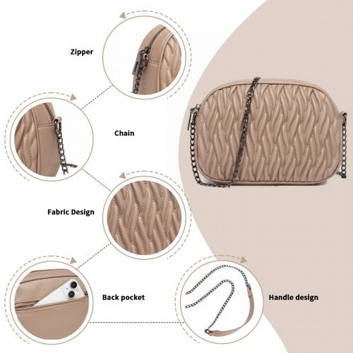 MSM2449 - Miss Lulu Practical Quilted Soft PU Leather Crossbody Shoulder Bag with Chain Strap - Khaki
