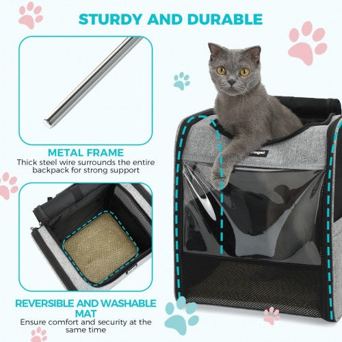 PTD2440 - Dogat Foldable And Durable Pet Backpack Carrier Travel Bag for Cats and Small Dogs - Grey