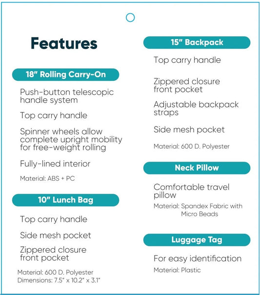 Easy Luggage Kidzpac Adventure Set: 5-Piece Luggage Set with Carry-On, Backpack, Lunch Bag, Pillow, and Luggage Tag- Unicorn Pink