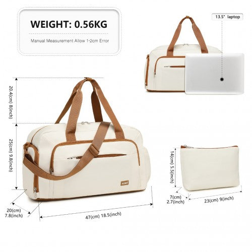 TVK2429 - Kono Versatile Multi-Compartment Travel Weekend Bag Two-Piece Set with Shoe Compartment and Cosmetic Pouch - Beige And Brown