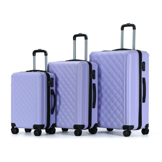 Easy Luggage Tabby Quilted 3 Piece Hard Shell Suitcases 360° Wheels Light Purple