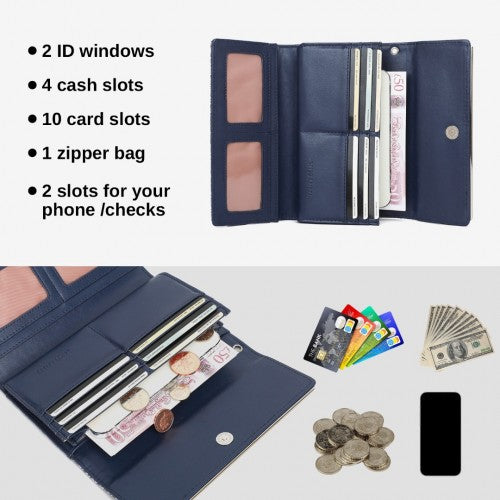 WTM2448 - Miss Lulu Elegant Women's Long Purse with Detachable Wrist Strap And Multi-Card Organizer - Navy