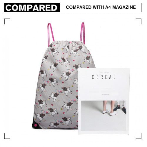 E1406 - UN - Miss Lulu Unicorn Print Drawstring Backpack - Grey - Easy Luggage