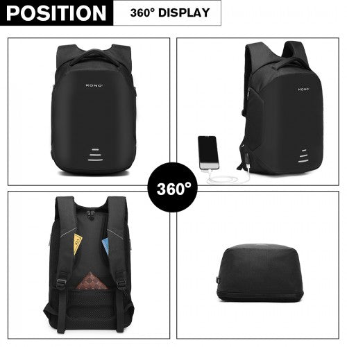 E1946 - KONO REFLECTIVE USB CHARGING INTERFACE BACKPACK - BLACK - Easy Luggage