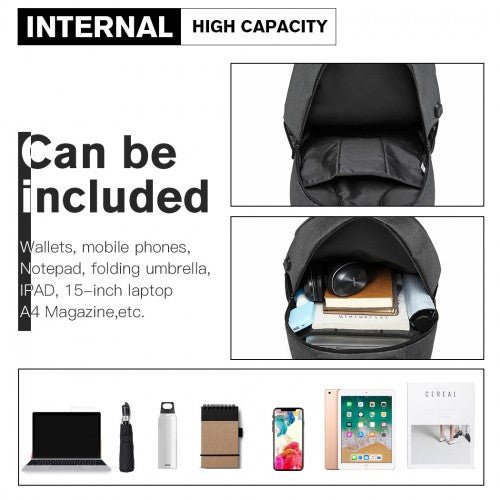 E1972 - Kono Large Backpack with Reflective Stripe and USB Charging Interface - Grey - Easy Luggage