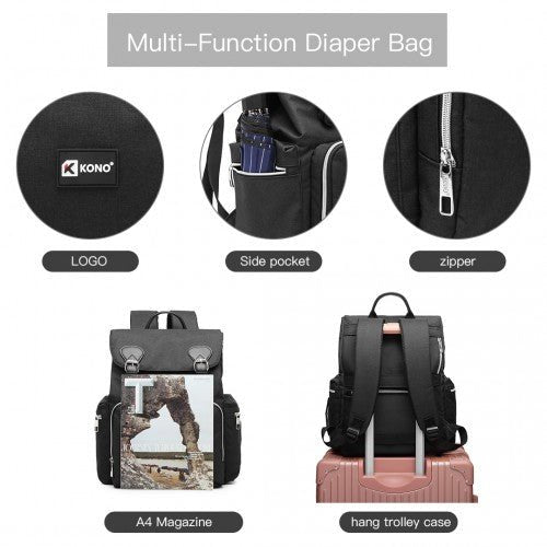 E1976 - Kono Travel Baby Changing Backpack with USB Charging Interface - Black - Easy Luggage