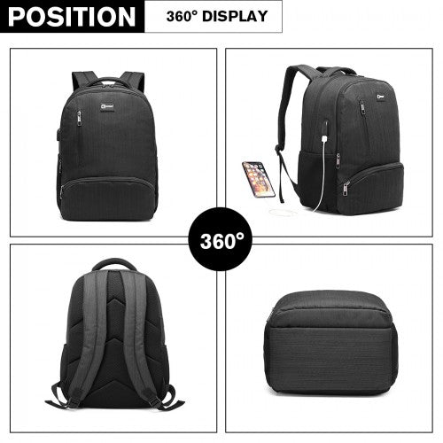 E1978 - Kono Multi Compartment Backpack with USB Connectivity - Black - Easy Luggage