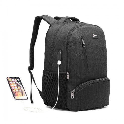E1978 - Kono Multi Compartment Backpack with USB Connectivity - Black - Easy Luggage