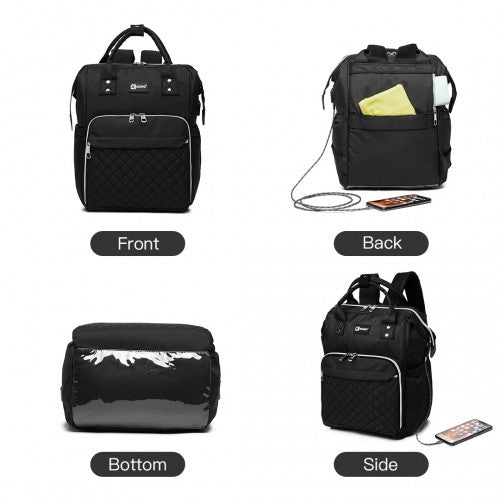 E6705USB - Kono Plain Wide Opening Baby Nappy Changing Backpack With USB Connectivity - Black - Easy Luggage