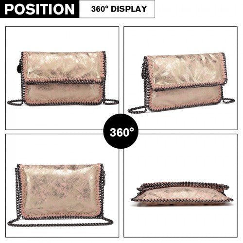 E6843 - Miss Lulu Leather Look Folded Metal Chain Clutch Shoulder Bag - Pink - Easy Luggage