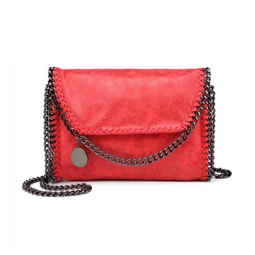 E6844 - Miss Lulu Leather Look Chain Fold - over Shoulder Bag - Red - Easy Luggage
