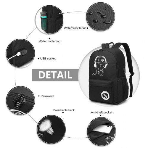 E6879 - Kono Glow In The Dark Waterproof USB Charging Backpack With Pencil Case - Black - Easy Luggage