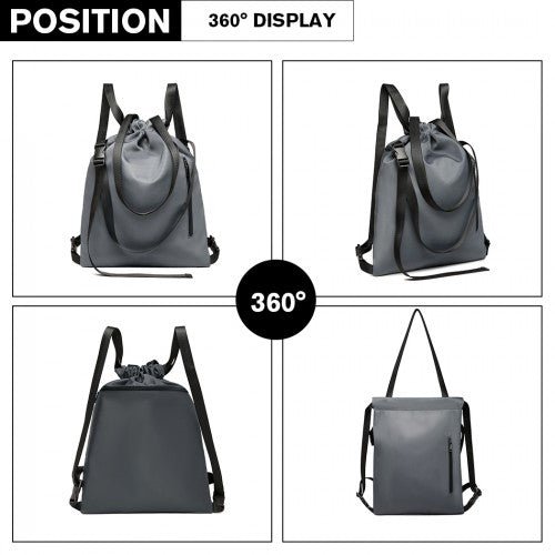 E6912 - Kono Nylon Multi Way Drawstring Backpack Shoulder Bag - Grey - Easy Luggage