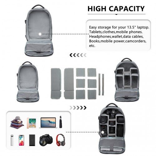 E6928 - Kono Water Resistant Shockproof DSLR Camera Backpack - Light Grey - Easy Luggage