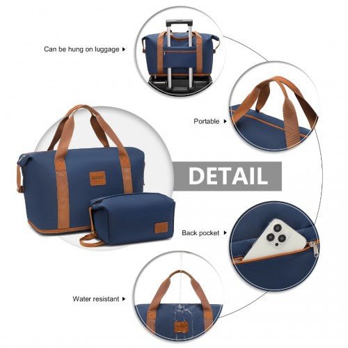EA2212 - Kono Two Pieces Expandable Durable Waterproof Travel Duffel Bag Set - Navy And Brown - Easy Luggage