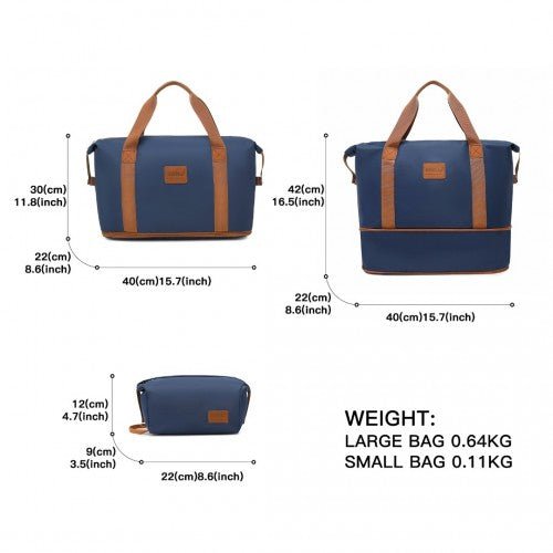 EA2212 - Kono Two Pieces Expandable Durable Waterproof Travel Duffel Bag Set - Navy And Brown - Easy Luggage