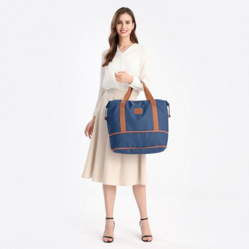 EA2212 - Kono Two Pieces Expandable Durable Waterproof Travel Duffel Bag Set - Navy And Brown - Easy Luggage