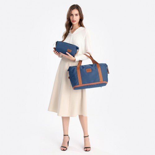 EA2212 - Kono Two Pieces Expandable Durable Waterproof Travel Duffel Bag Set - Navy And Brown - Easy Luggage