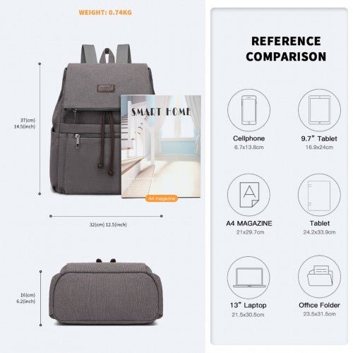 EB2233 - Kono Canvas Clamshell Drawstring School Backpack - Grey - Easy Luggage