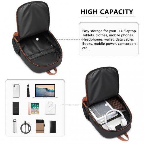 EB2325 - Kono Contrasting Colors Waterproof Casual Backpack With Laptop Compartment - Black - Easy Luggage