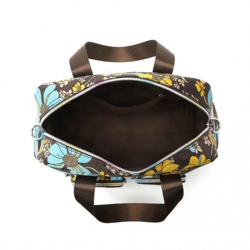 EB2351F - Kono Sleek Multi - Pocket Water - Resistant Crossbody Tote Bag With Flower Print - Brown - Easy Luggage