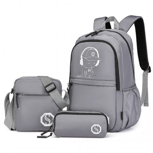 EB2363 - Kono Lightweight & Glow - in - the - Dark 3 - Piece Laptop Backpack Set with Crossbody Bag and Pencil Case - Grey - Easy Luggage