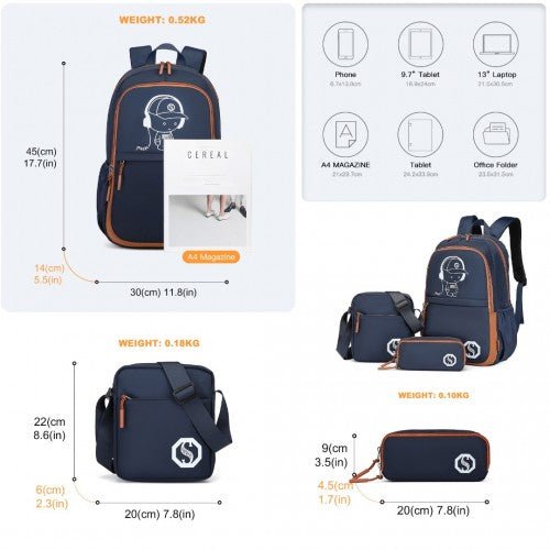 EB2363 - Kono Lightweight & Glow - in - the - Dark 3 - Piece Laptop Backpack Set with Crossbody Bag and Pencil Case - Navy And Brown - Easy Luggage