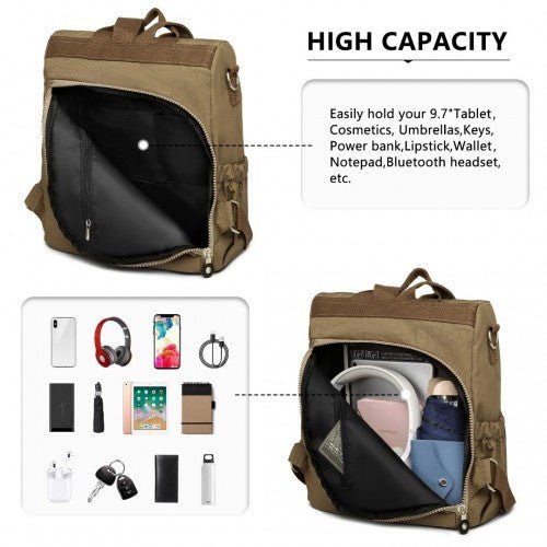EH2107 - Kono Multi Way Anti - theft Waterproof Backpack Shoulder Bag - Khaki - Easy Luggage