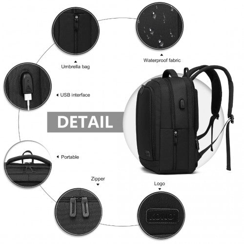 EM2111 - Kono Multi - Compartment Backpack with USB Port - Black - Easy Luggage
