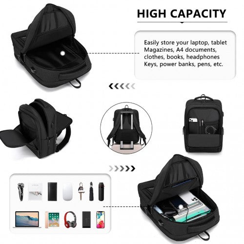 EM2111 - Kono Multi - Compartment Backpack with USB Port - Black - Easy Luggage