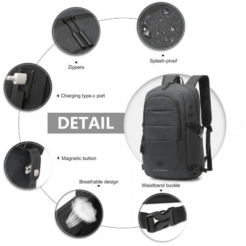 EM2347 - Kono Multi - Compartment Water - Resistant Backpack With USB Charging Port - Black - Easy Luggage