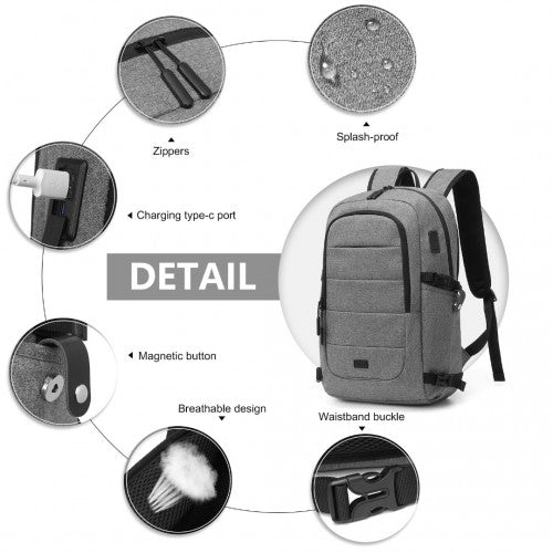 EM2347 - Kono Multi - Compartment Water - Resistant Backpack With USB Charging Port - Grey - Easy Luggage