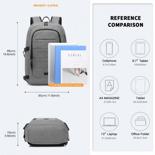 EM2347 - Kono Multi - Compartment Water - Resistant Backpack With USB Charging Port - Grey - Easy Luggage
