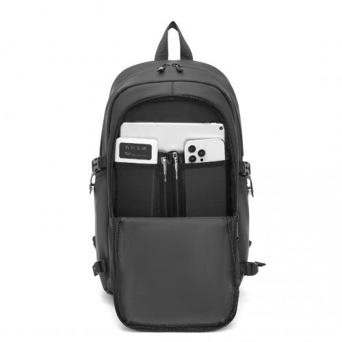 EM2349 - Kono PVC Coated Water - Resistant Tech Backpack With USB Charging Port - Black - Easy Luggage